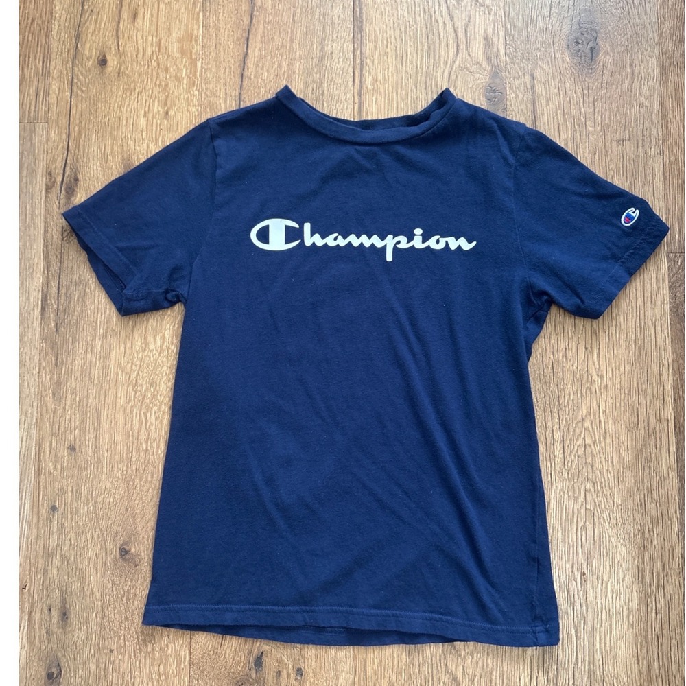Champion Boys Navy Blue Script Logo Short Sleeve T-Shirt Size M 10/12